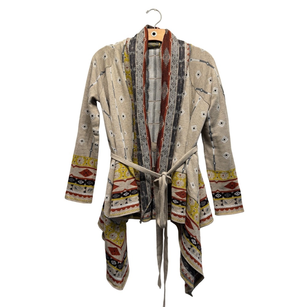 Anthropologie Freeway Tan Tribal Ethnic Drape Front Tie Sash Knit Cardigan